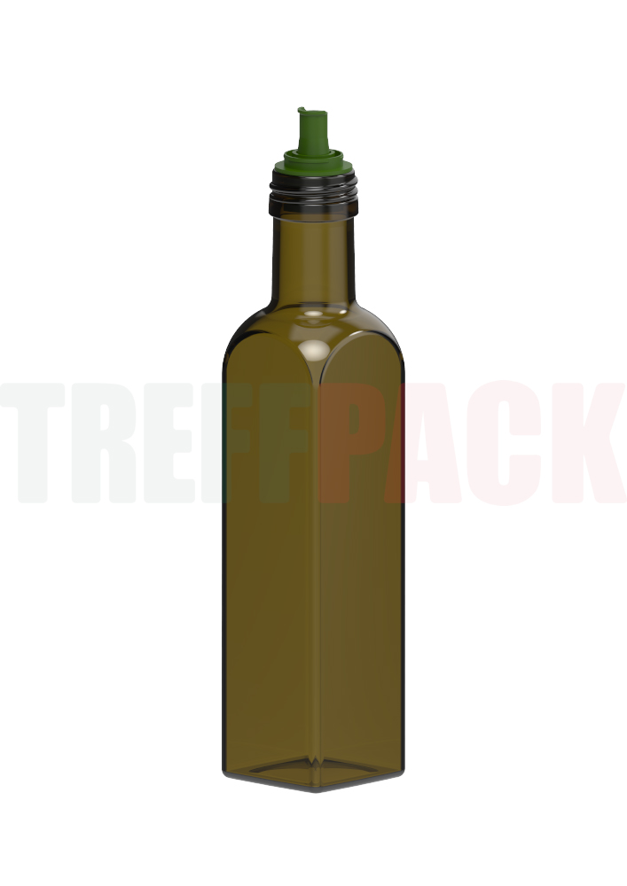 Goldener PP31,5 Schraubverschluss VERSO mit Ausgießer für Öl auf einer antik-grünen Ölflasche